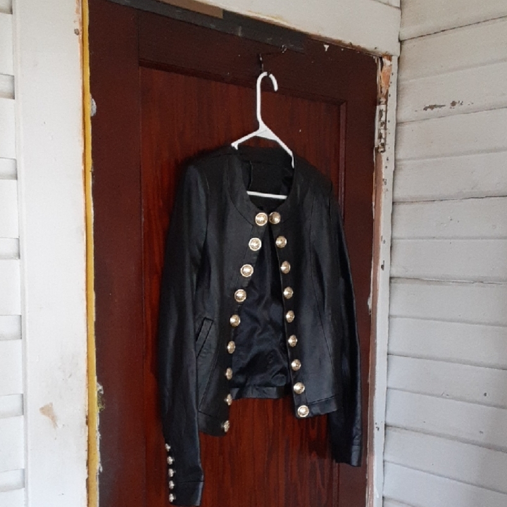 Balmain Sz 38 Black Lamb Leather Military Jacket with Gold Buttons